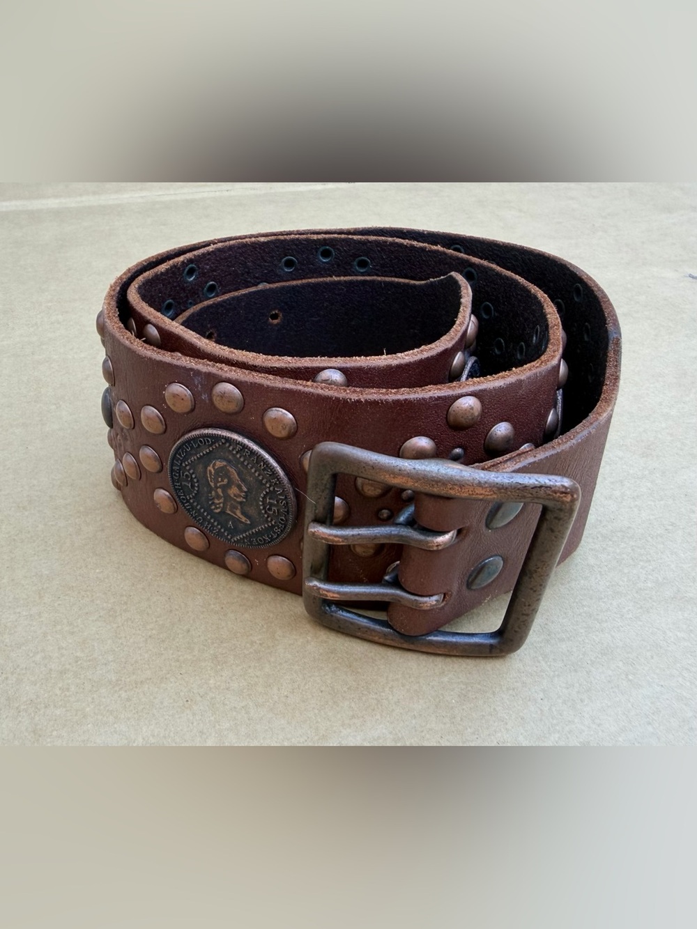 Vintage Linea Pelle Wide Brown Leather Coin Studded Belt L Y2K Boho Western